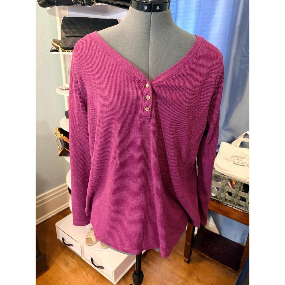Henley Top 0X 14W Magenta Purple Waffle Knit Thermal Casual Gorpcore Fall Cozy